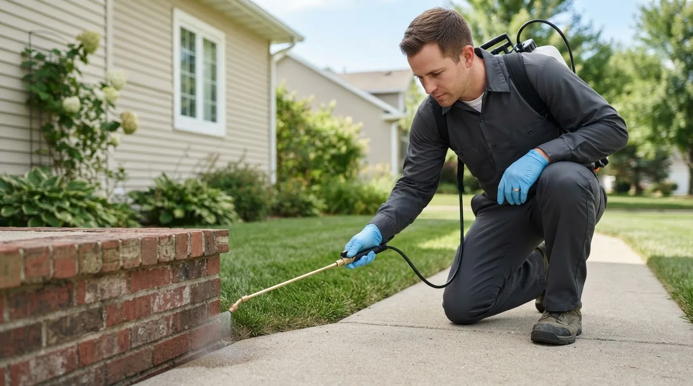 Pest control technician treating a home near Rex, GA